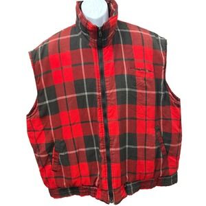 Vintage Branded Lion Plaid Quilted Vest Buffalo Red Black Lined Lumberjack